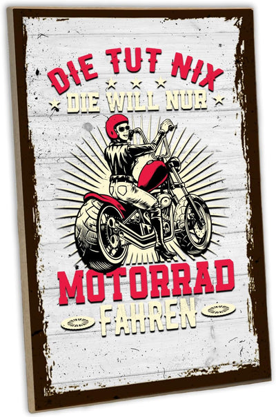 schilderkreis24 - Holzschild "Die tut nix Motorrad fahren" - Wanddeko für Motorradfans, 28x19 cm - Geschenk für Motorradfahrerinnen