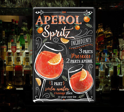 Blechschilder für Cocktail-Rezept Aperol, 20x30 cm, kreative Gestaltung mit Illustration und Zutaten, perfekt als Geschenkidee bei Schilderkreis24