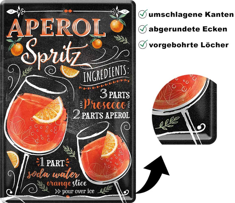 Blechschild mit Rezept für Aperol Spritz auf schwarzem Hintergrund mit orangefarbenen Zutaten.