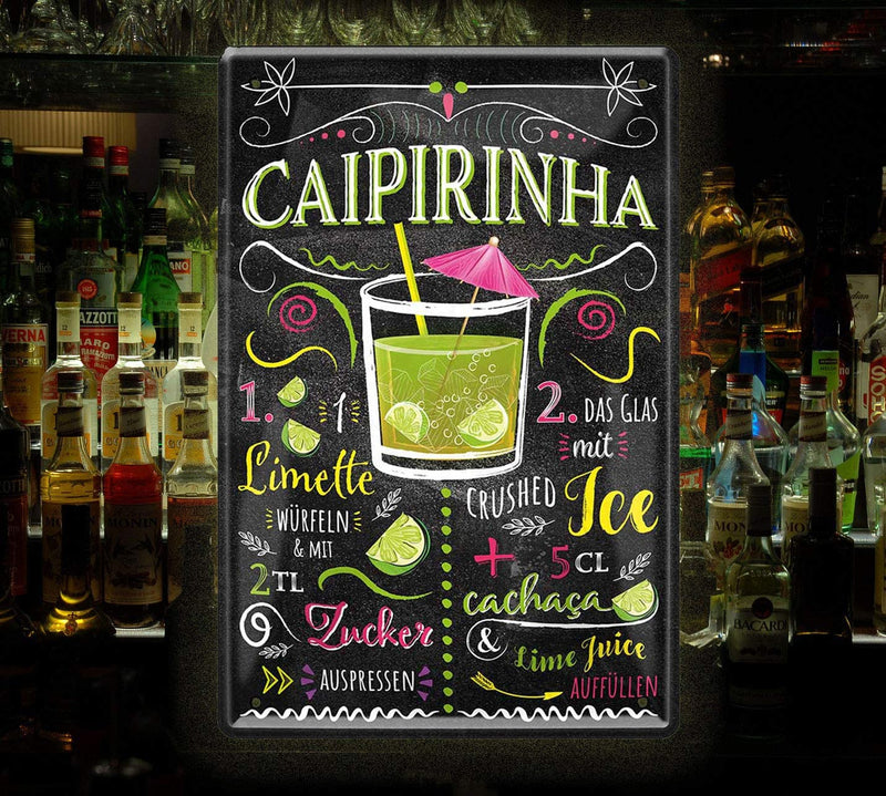 Gemütliches Blechschild mit Cocktailrezept für Caipirinha
Metallschild mit Anleitung zum Zubereiten des beliebten brasilianischen Cocktails Caipirinha