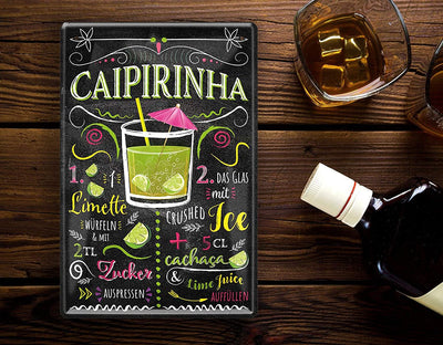 Kreatives Cocktail-Rezept-Blechschild mit Caipirinha-Zubereitung
Hochwertiges Blechschild 20x30cm mit detaillierter Beschreibung eines Caipirinha-Cocktails in farbenfroher Vintage-Optik von Schilderkreis24.
