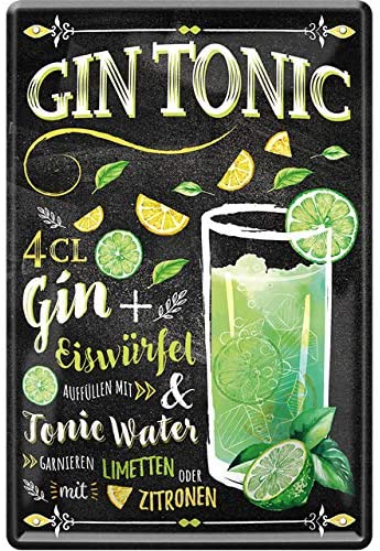 Blechschild Cocktail Rezept Gin Tonic 20x30cm
Schwarzes Metallschild mit einer Abbildung eines Gin Tonic Cocktails sowie Zutaten wie Limetten, Zitronen und Gin. Die Aufschrift "GIN TONIC" ist prominent im Zentrum des Schildes platziert.