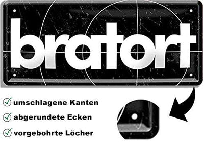 Blechschild mit dem Aufdruck "Bratort" von Schilderkreis24 - ein lustiger Dekorationsartikel mit umgeschlagenen Kanten, abgerundeten Ecken und vorgebohrten Löchern für eine einfache Anbringung