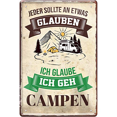 campen lustige bilder Blechschilder Lustiger Spruch “Jeder glauben Campen“ Deko Schild Geschenkidee für Camping Fans 20x30 cm