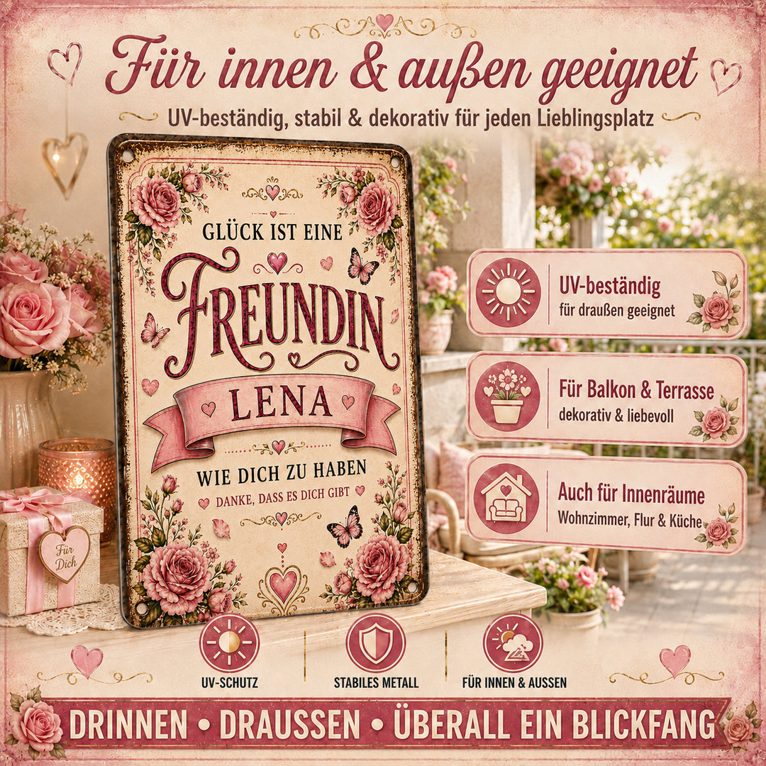 Glück ist eine Freundin – Rosen &amp; Herzen – personalisiertes Leotie Metallschild, 20 × 30 cm – Produktabbildung 3