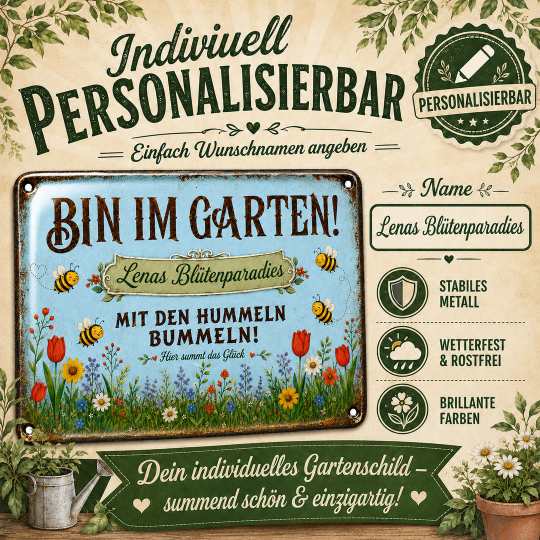 Bin im Garten – Mit den Hummeln bummeln in Blau – personalisiertes Leotie Metallschild, 30 × 20 cm – Produktabbildung 3