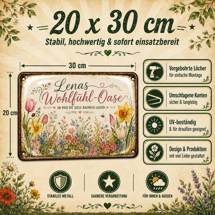 Wohlfühl-Oase – Hier die Seele baumeln lassen – personalisiertes Leotie Metallschild, 30 × 20 cm – Produktabbildung 2