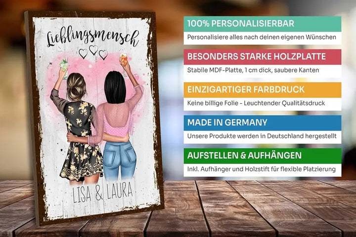 schilderkreis24 - Personalisiertes Holzschild mit anpassbarem Design für die beste Freundin - Einzigartige Geschenkidee für besondere Anlässe, Wand- oder Tischdeko