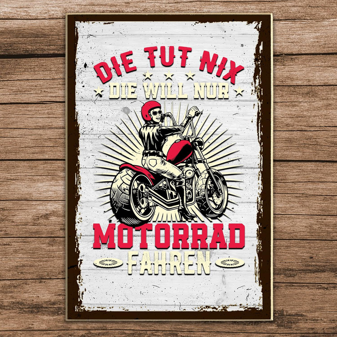 schilderkreis24 - Holzschild "Die tut nix Motorrad fahren" - Wanddeko für Motorradfans, 28x19 cm - Geschenk für Motorradfahrerinnen