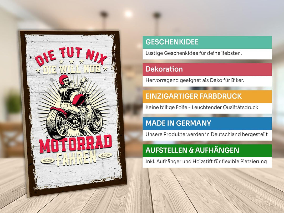 schilderkreis24 - Holzschild "Die tut nix Motorrad fahren" - Wanddeko für Motorradfans, 28x19 cm - Geschenk für Motorradfahrerinnen