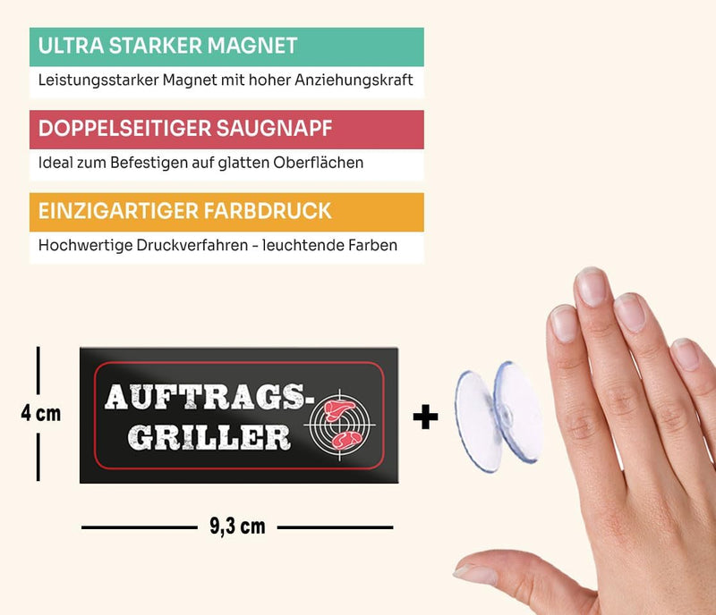 Lustiger Spruch-Kühlschrankmagnet "Auftrags-Griller" von Schilderkreis24 - Personalisiertes Geschenkidee mit hochwertiger, leuchtender Druckverarbeitung