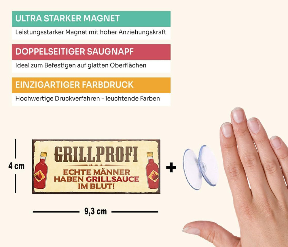 Lustiger Spruch "Grillprofi"- Geschenkidee: Ein stabiler 9,3x4 cm Kühlschrankmagnet in lebendigen Farben mit dem humorvollen Text "GRILLPROFI - Echte Männer haben Grillsoße im Blut" für Grillliebhaber und Kochfans.