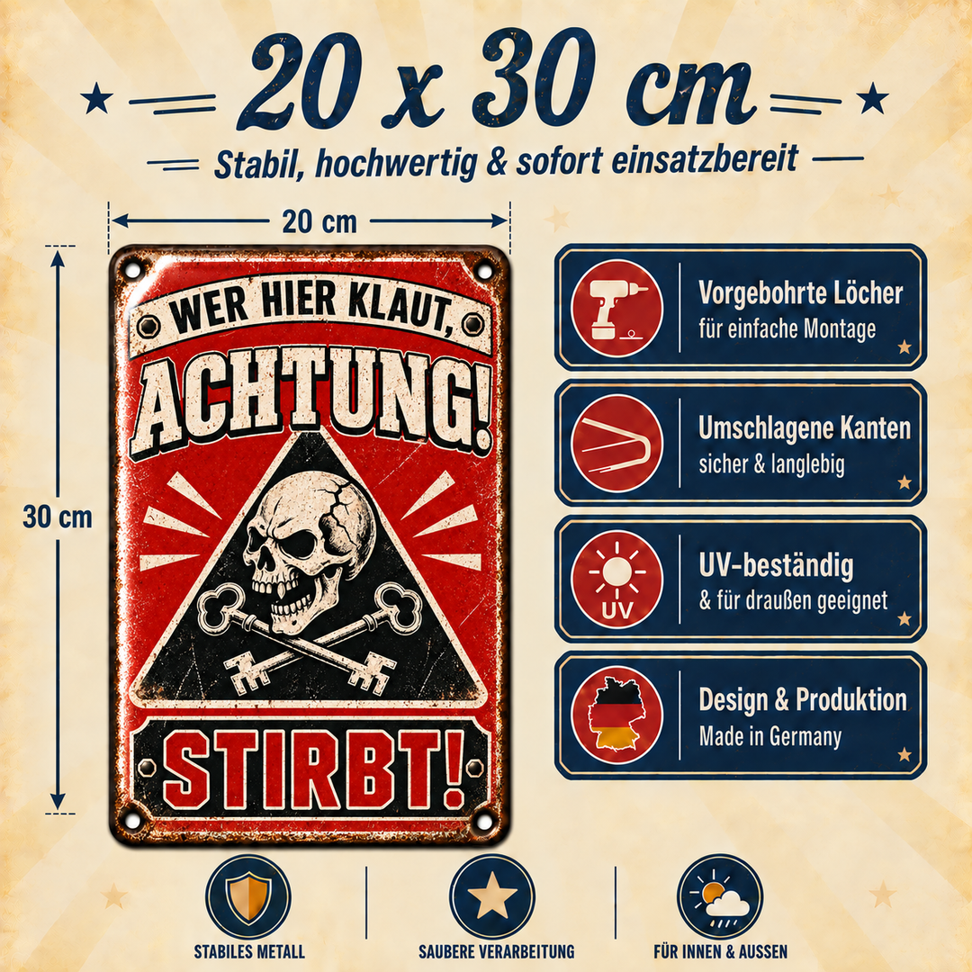 Achtung Metallschild – Totenkopf &amp; Schlüssel von Leotie – Maße und Produkteigenschaften, 20 × 30 cm
