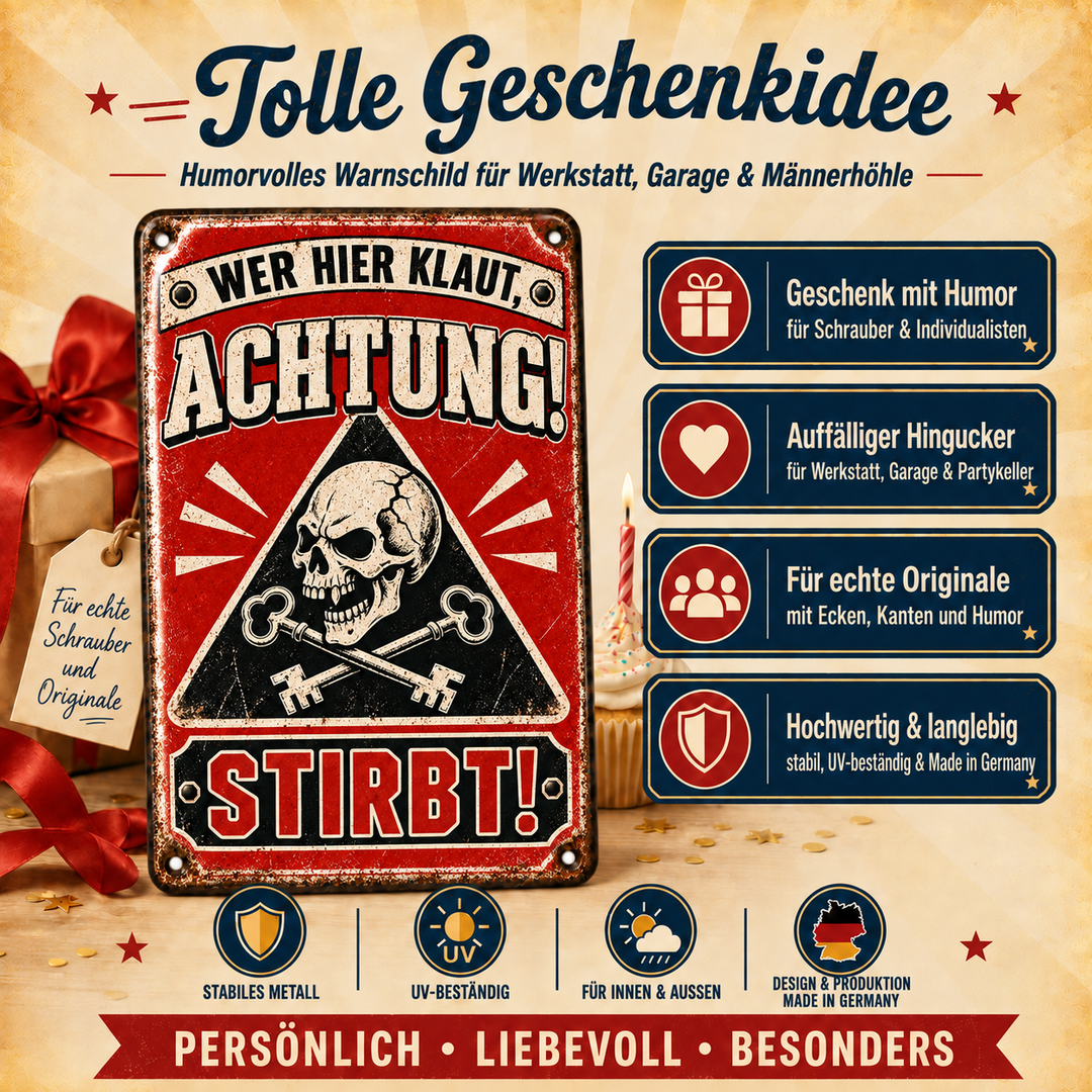 Achtung Metallschild – Totenkopf &amp; Schlüssel von Leotie – Geschenkidee, 20 × 30 cm