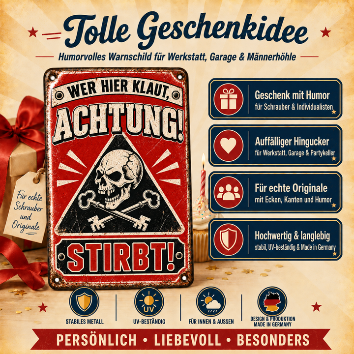 Achtung Metallschild – Totenkopf &amp; Schlüssel von Leotie – Geschenkidee, 20 × 30 cm