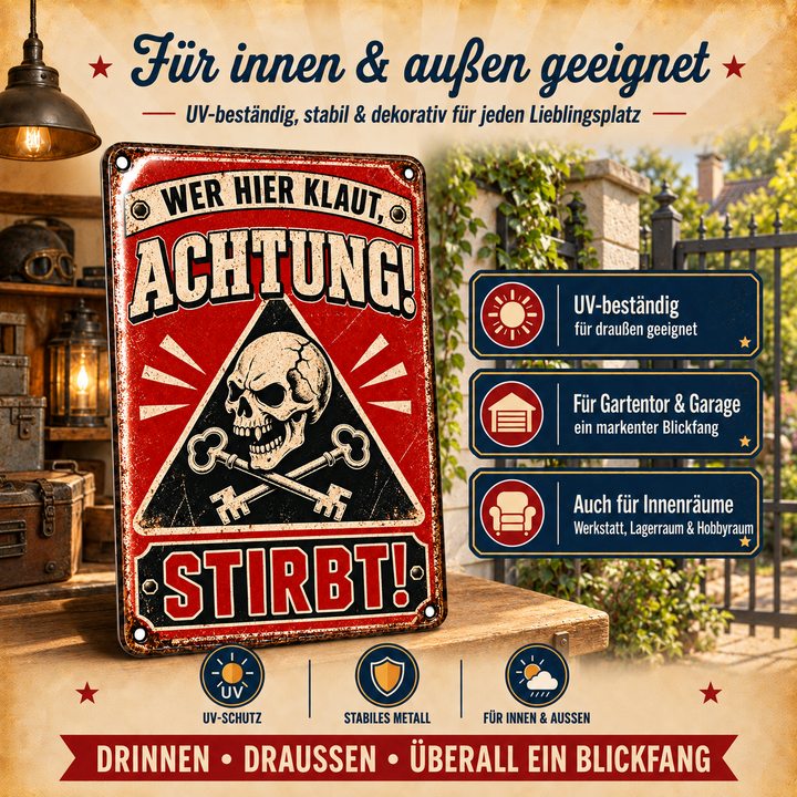 Achtung Metallschild – Totenkopf &amp; Schlüssel von Leotie – Dekoration für innen und außen, 20 × 30 cm