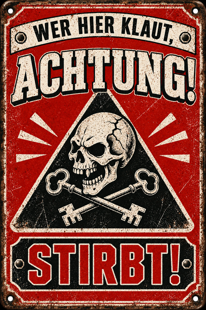 Achtung Metallschild – Totenkopf &amp; Schlüssel von Leotie – Motivansicht, 20 × 30 cm