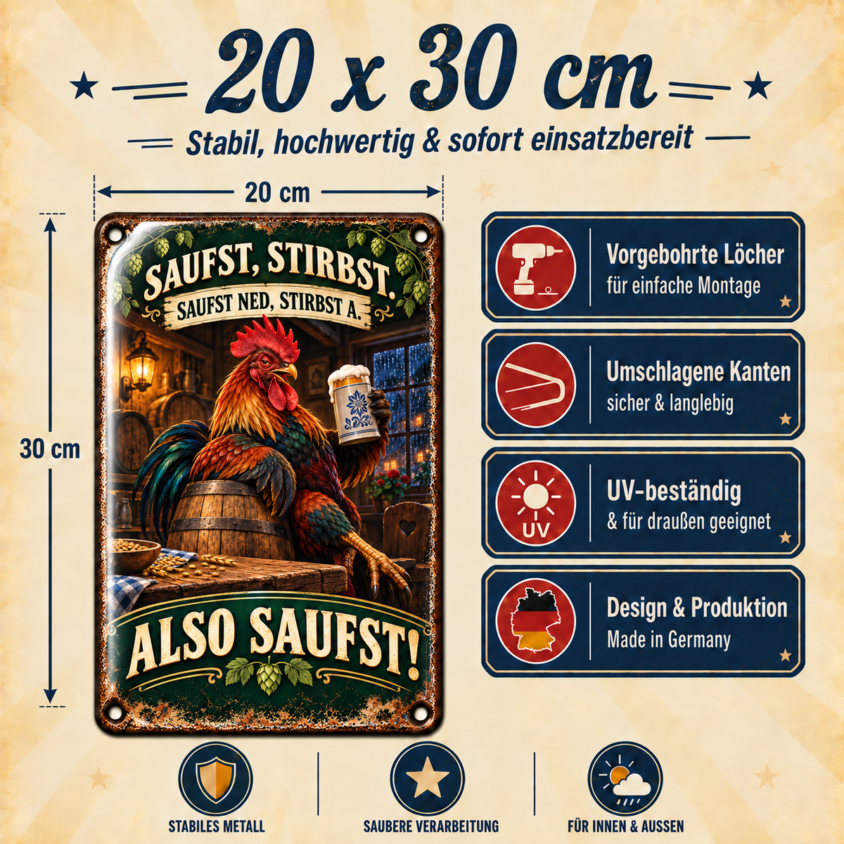 Bier-Spruch Metallschild – Hahn mit Bierkrug von Leotie – Maße und Produkteigenschaften, 20 × 30 cm