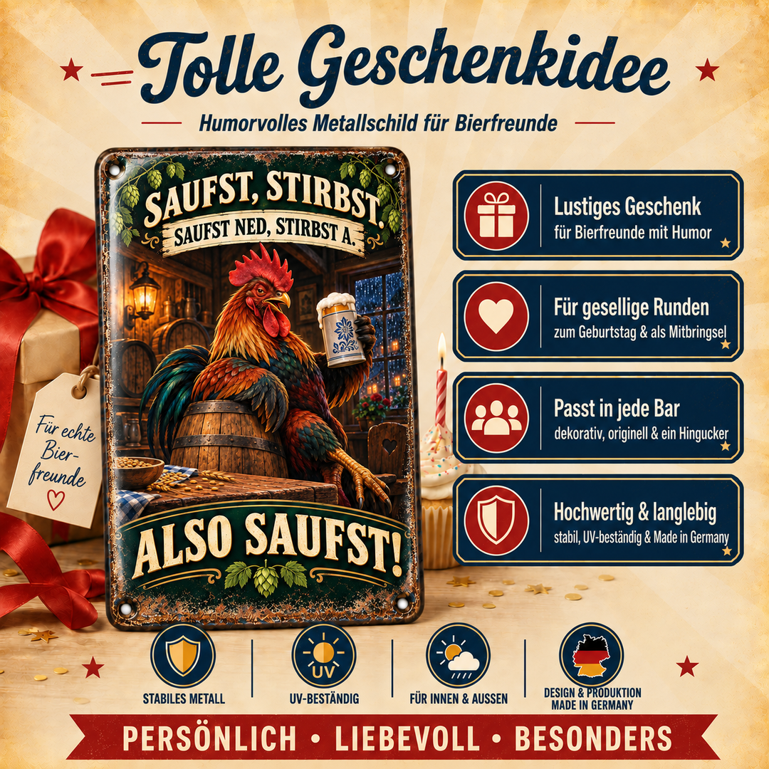 Bier-Spruch Metallschild – Hahn mit Bierkrug von Leotie – Geschenkidee, 20 × 30 cm