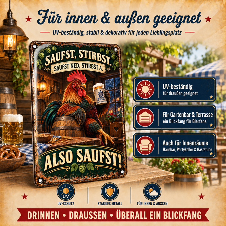 Bier-Spruch Metallschild – Hahn mit Bierkrug von Leotie – Dekoration für innen und außen, 20 × 30 cm