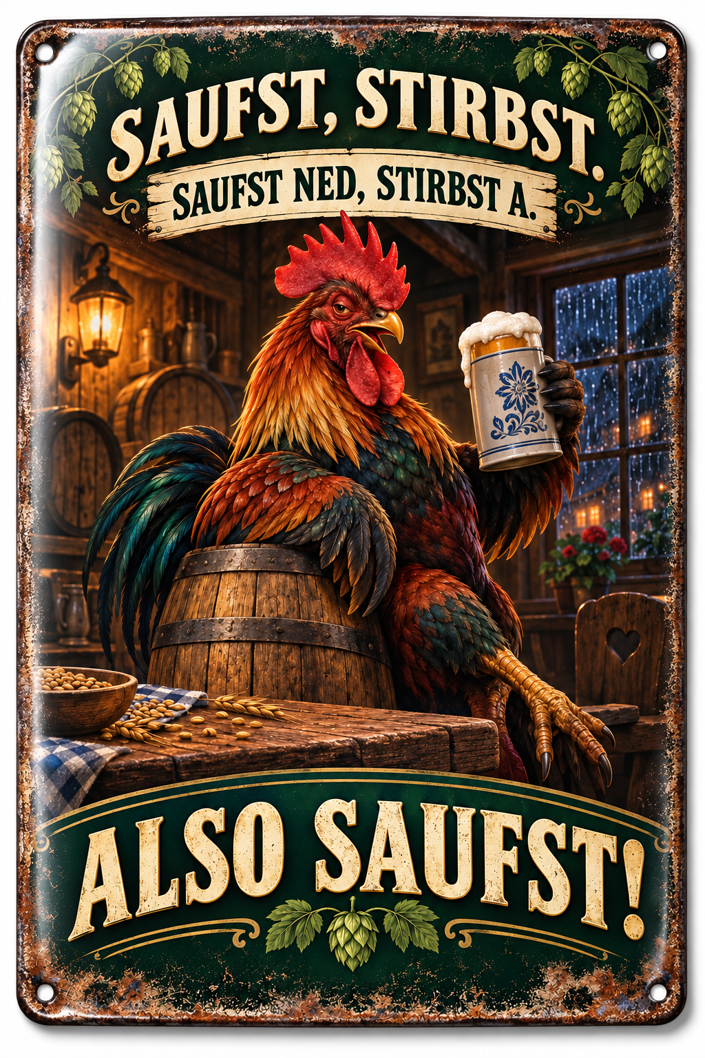 Bier-Spruch Metallschild – Hahn mit Bierkrug von Leotie – Titelbild mit Schimmereffekt, 20 × 30 cm