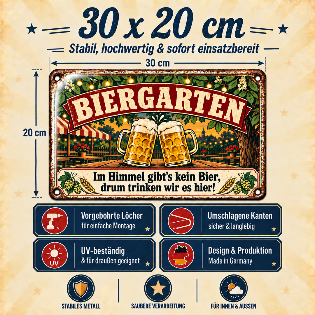 Biergarten Metallschild – Im Himmel gibt es kein Bier von Leotie – Maße und Produkteigenschaften, 30 × 20 cm