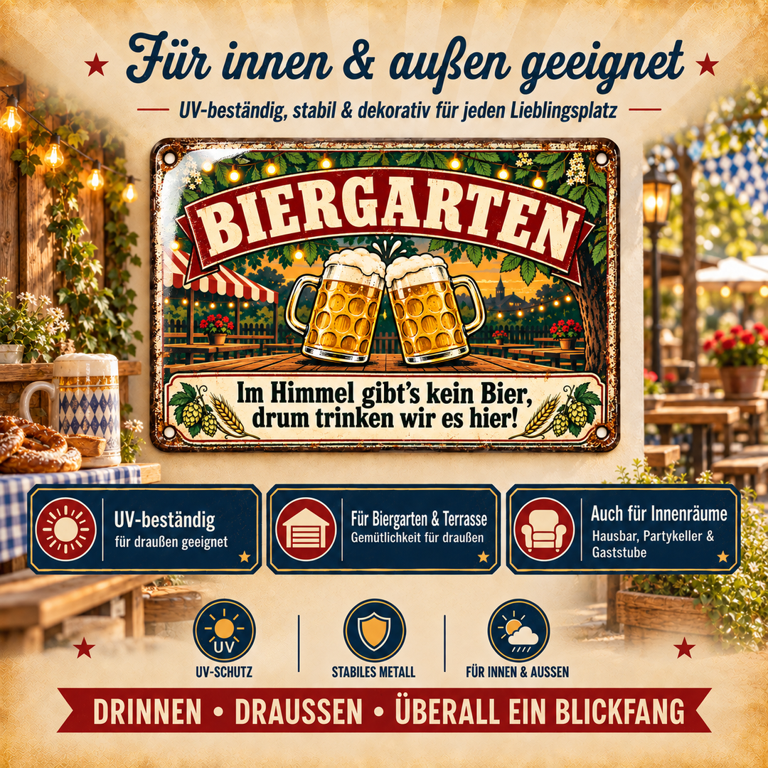 Biergarten Metallschild – Im Himmel gibt es kein Bier von Leotie – Dekoration für innen und außen, 30 × 20 cm