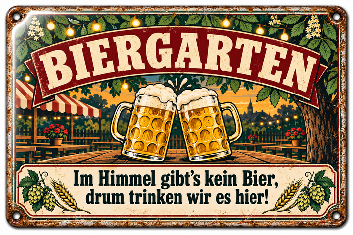 Biergarten Metallschild – Im Himmel gibt es kein Bier von Leotie – Titelbild mit Schimmereffekt, 30 × 20 cm
