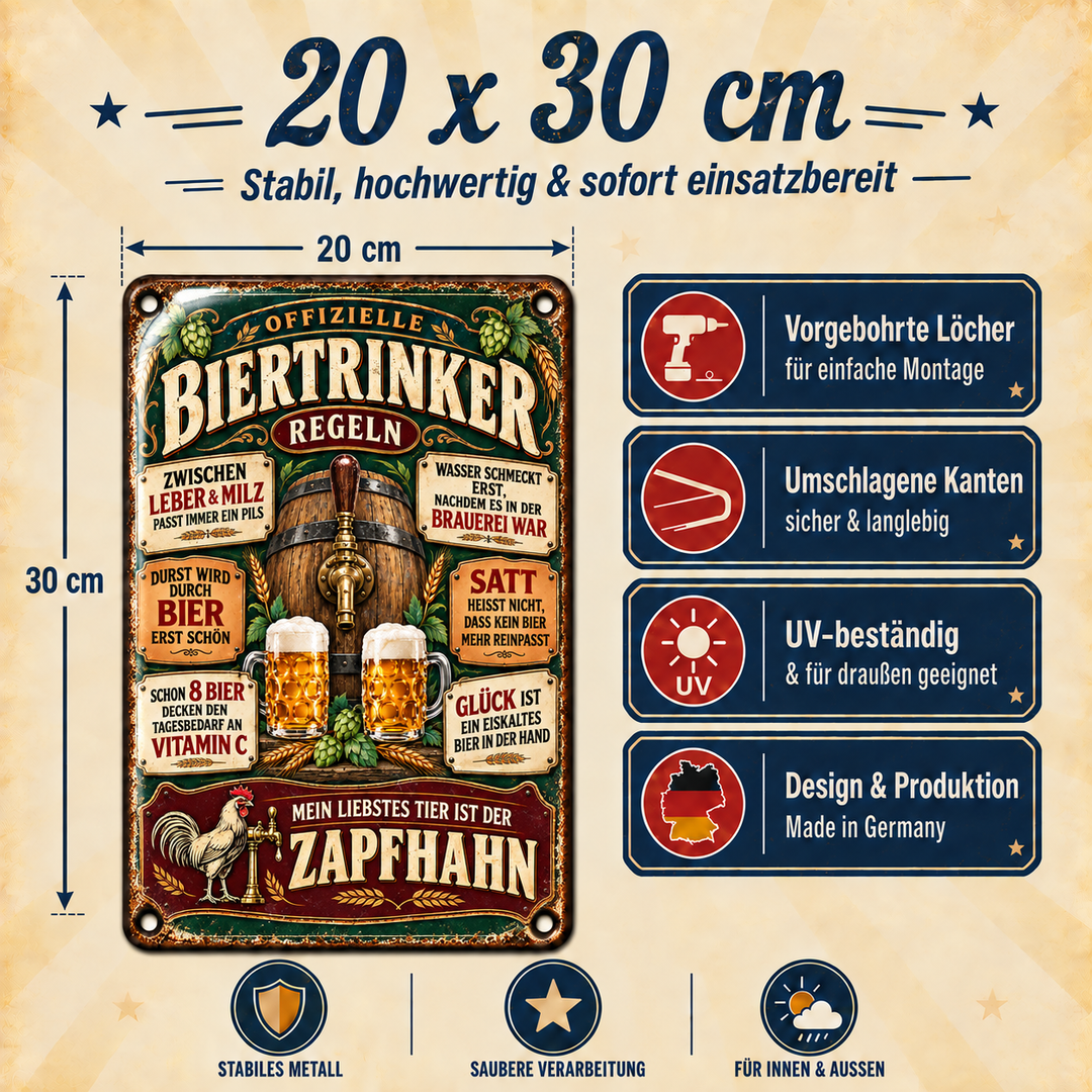 Biertrinker-Regeln Metallschild – Zapfhahn &amp; Fass von Leotie – Maße und Produkteigenschaften, 20 × 30 cm