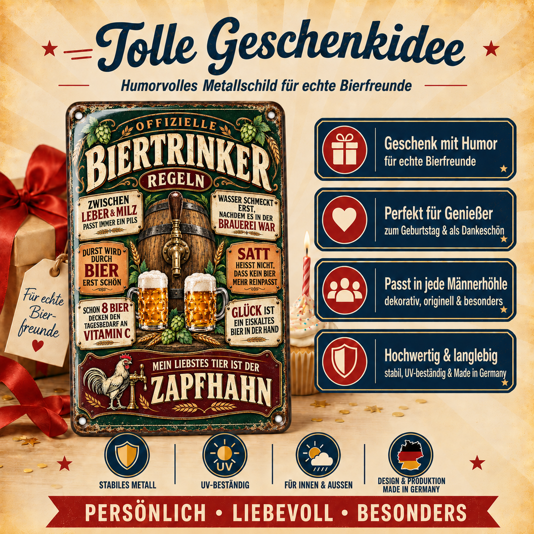 Biertrinker-Regeln Metallschild – Zapfhahn &amp; Fass von Leotie – Geschenkidee, 20 × 30 cm