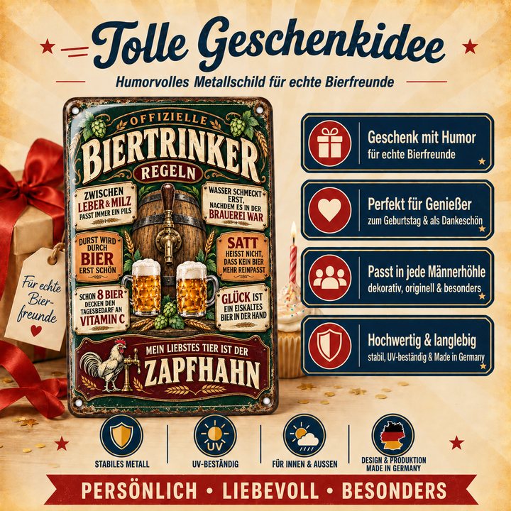 Biertrinker-Regeln Metallschild – Zapfhahn &amp; Fass von Leotie – Geschenkidee, 20 × 30 cm