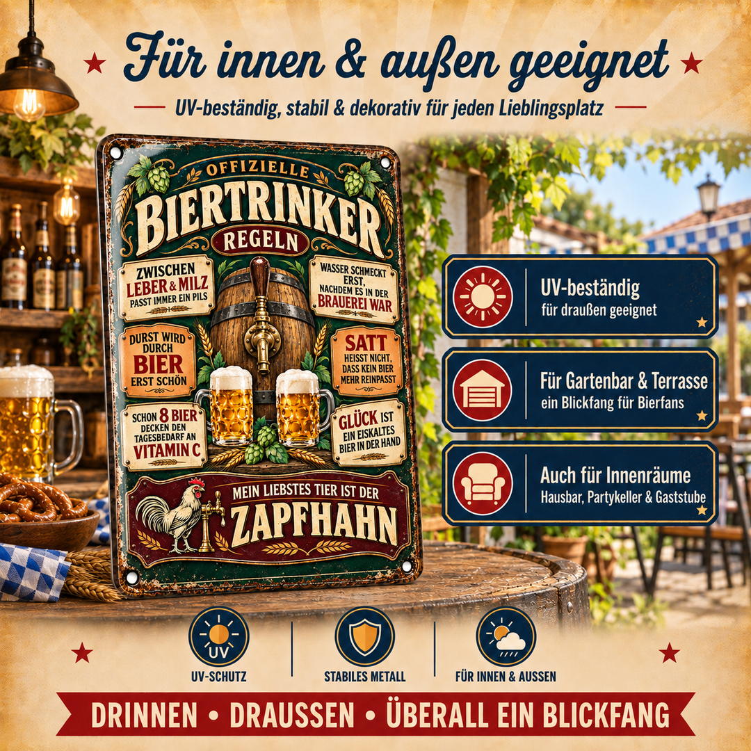 Biertrinker-Regeln Metallschild – Zapfhahn &amp; Fass von Leotie – Dekoration für innen und außen, 20 × 30 cm
