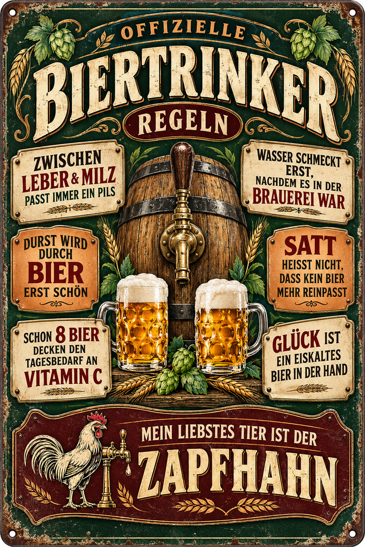 Biertrinker-Regeln Metallschild – Zapfhahn &amp; Fass von Leotie – Motivansicht, 20 × 30 cm