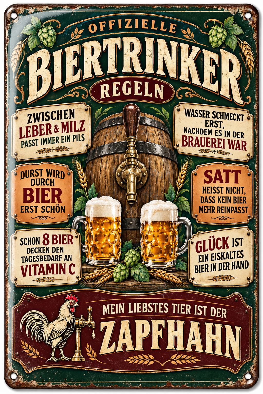 Biertrinker-Regeln Metallschild – Zapfhahn & Fass von Leotie – Titelbild mit Schimmereffekt, 20 × 30 cm