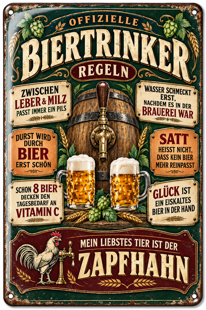 Biertrinker-Regeln Metallschild – Zapfhahn &amp; Fass von Leotie – Titelbild mit Schimmereffekt, 20 × 30 cm