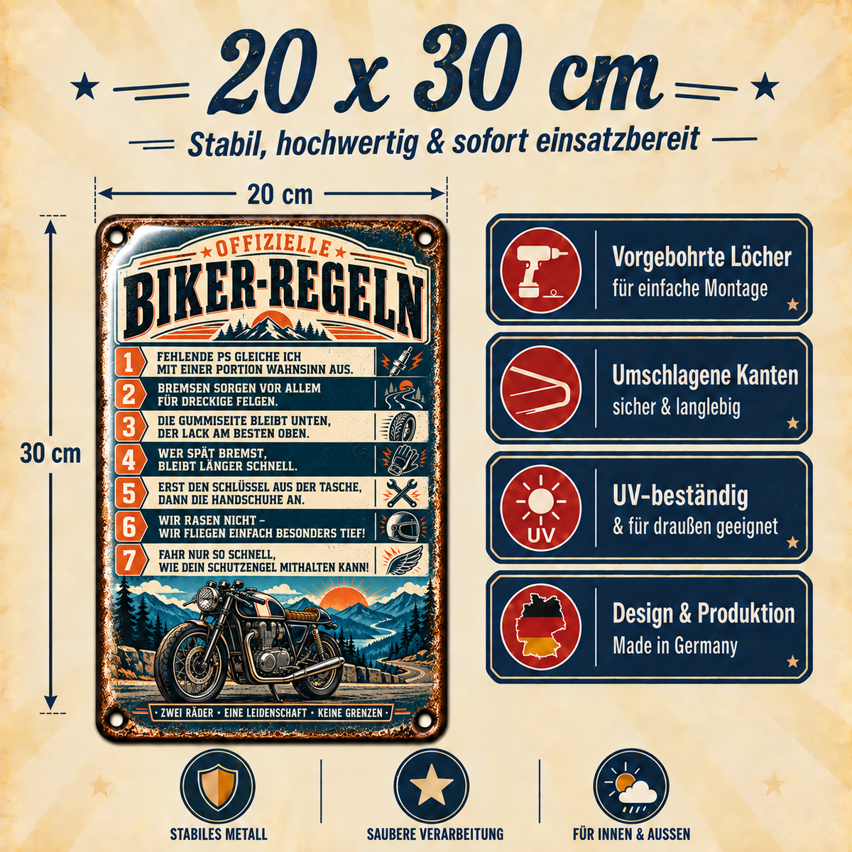 Biker-Regeln Metallschild – Zwei Räder, eine Leidenschaft von Leotie – Maße und Produkteigenschaften, 20 × 30 cm