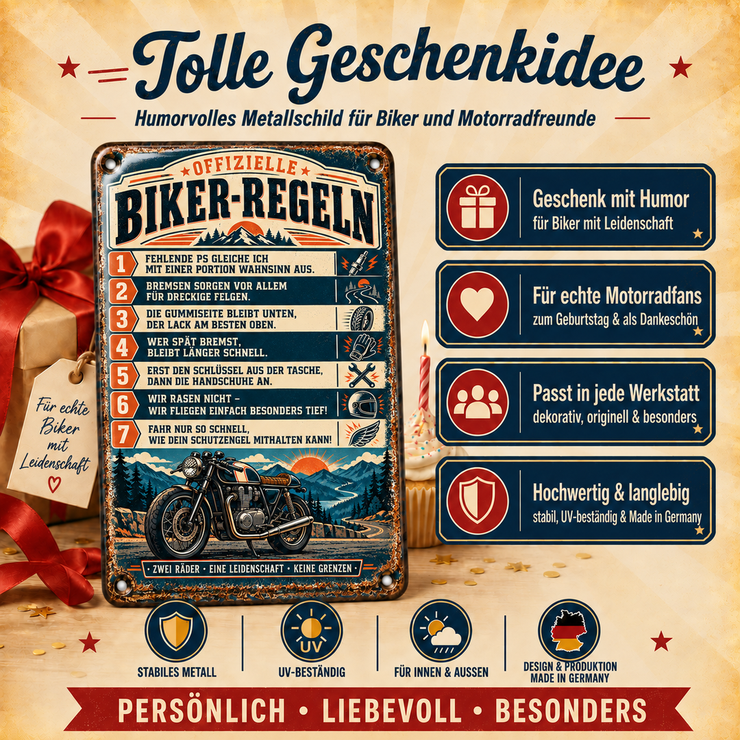 Biker-Regeln Metallschild – Zwei Räder, eine Leidenschaft von Leotie – Geschenkidee, 20 × 30 cm