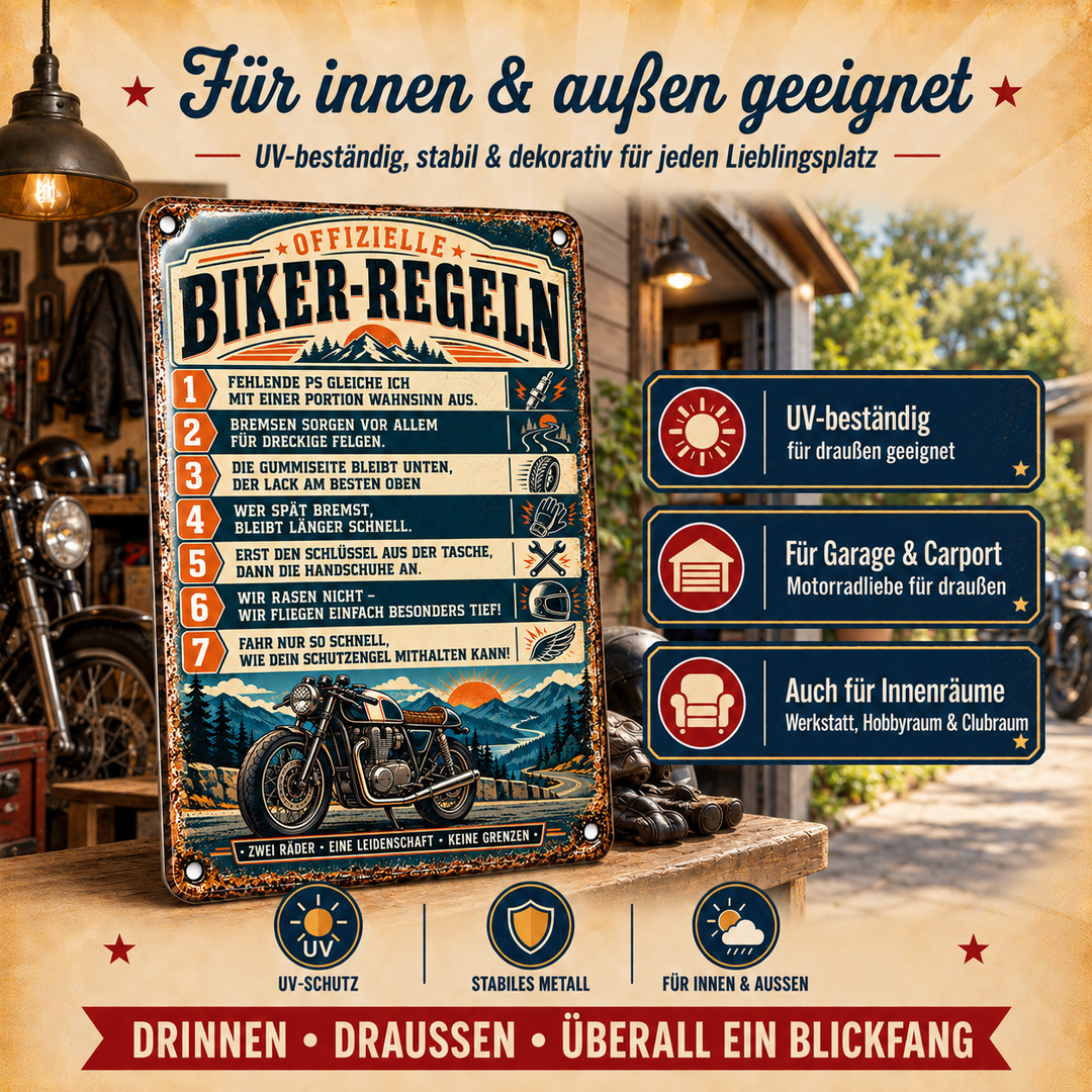 Biker-Regeln Metallschild – Zwei Räder, eine Leidenschaft von Leotie – Dekoration für innen und außen, 20 × 30 cm