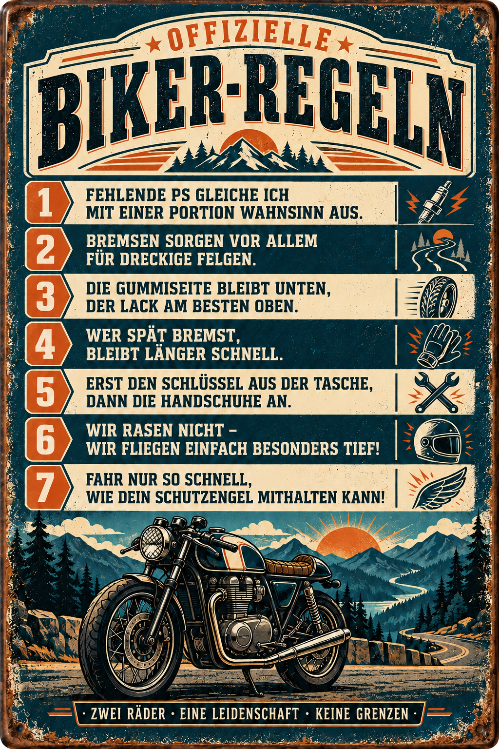 Biker-Regeln Metallschild – Zwei Räder, eine Leidenschaft von Leotie – Motivansicht, 20 × 30 cm