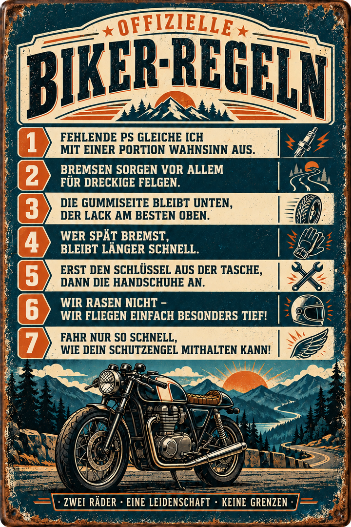 Biker-Regeln Metallschild – Zwei Räder, eine Leidenschaft von Leotie – Motivansicht, 20 × 30 cm