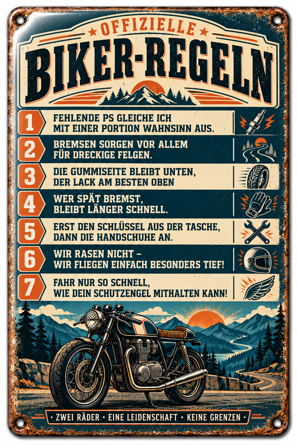 Biker-Regeln Metallschild – Zwei Räder, eine Leidenschaft von Leotie – Titelbild mit Schimmereffekt, 20 × 30 cm