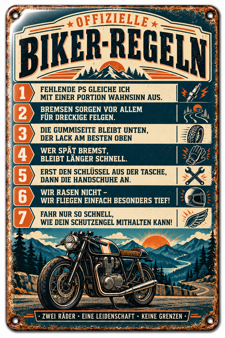 Biker-Regeln Metallschild – Zwei Räder, eine Leidenschaft von Leotie – Titelbild mit Schimmereffekt, 20 × 30 cm