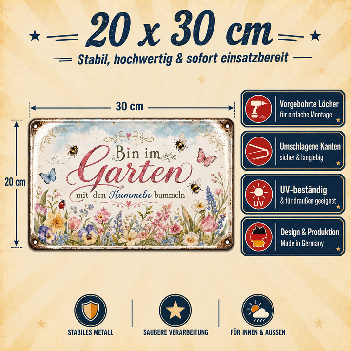Bin im Garten Metallschild – Mit den Hummeln bummeln von Leotie – Maße und Produkteigenschaften, 30 × 20 cm