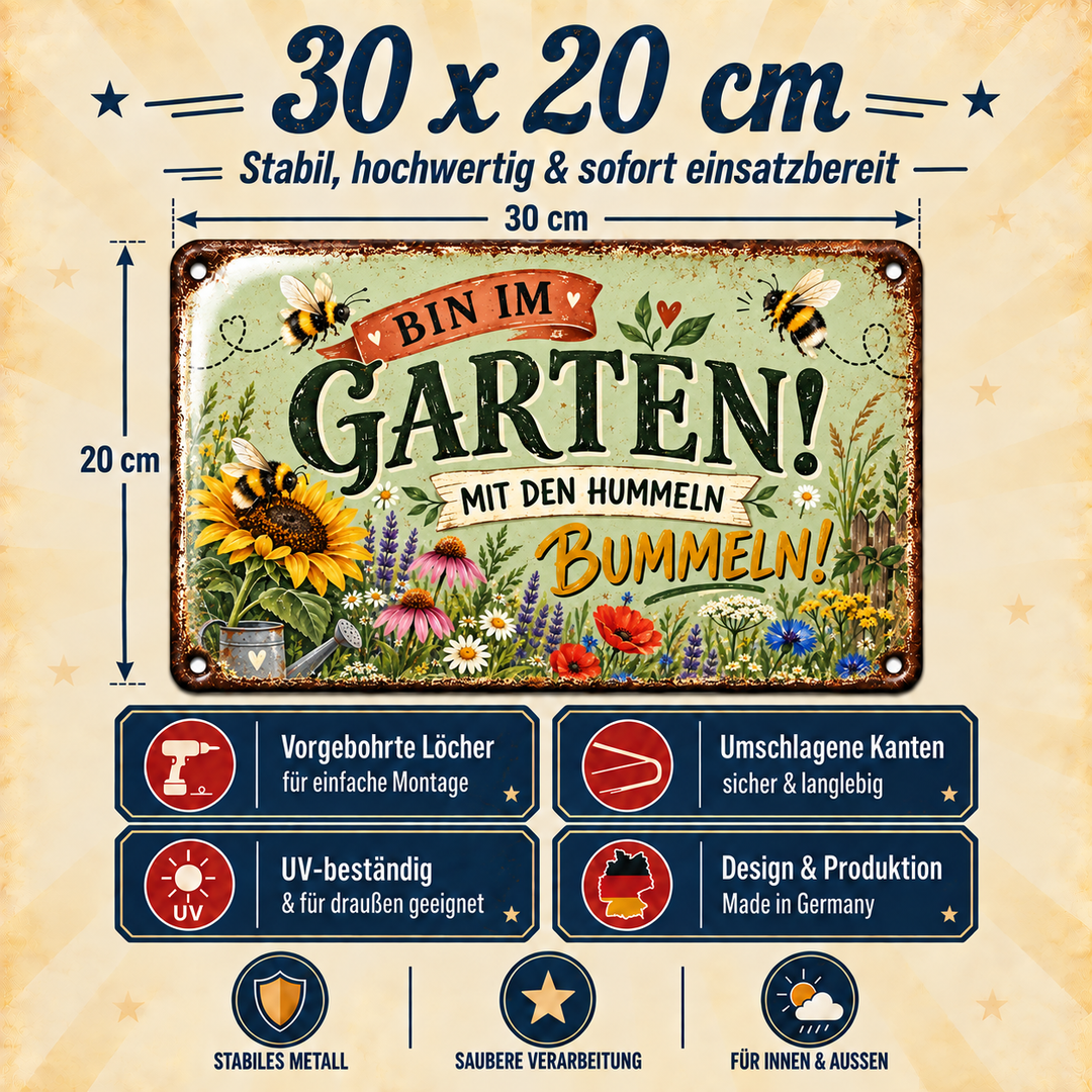 Bin im Garten Metallschild – Sonnenblumen &amp; Hummeln von Leotie – Maße und Produkteigenschaften, 30 × 20 cm