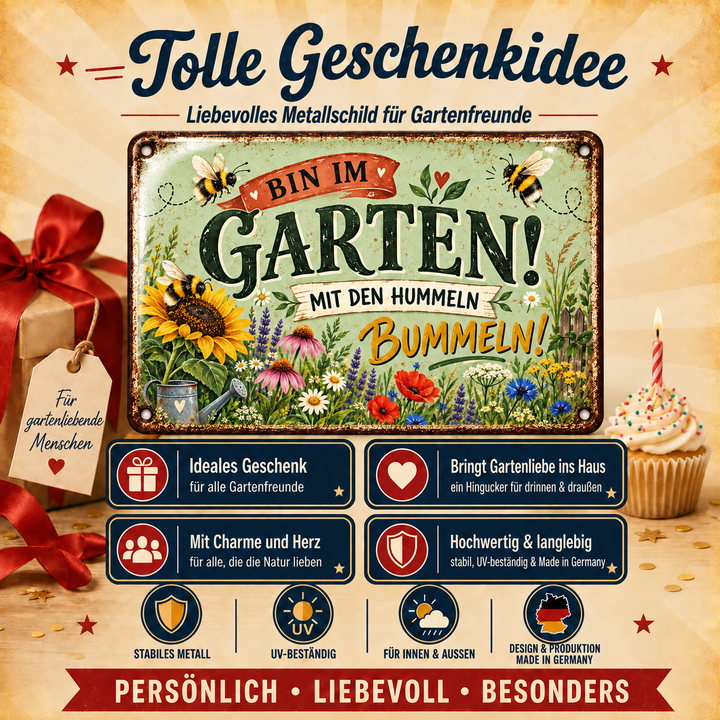 Bin im Garten Metallschild – Sonnenblumen &amp; Hummeln von Leotie – Geschenkidee, 30 × 20 cm