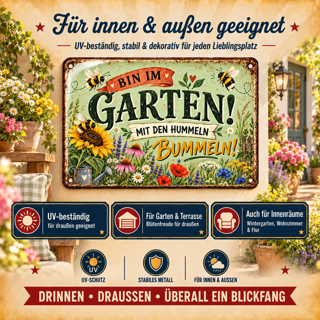 Bin im Garten Metallschild – Sonnenblumen &amp; Hummeln von Leotie – Dekoration für innen und außen, 30 × 20 cm