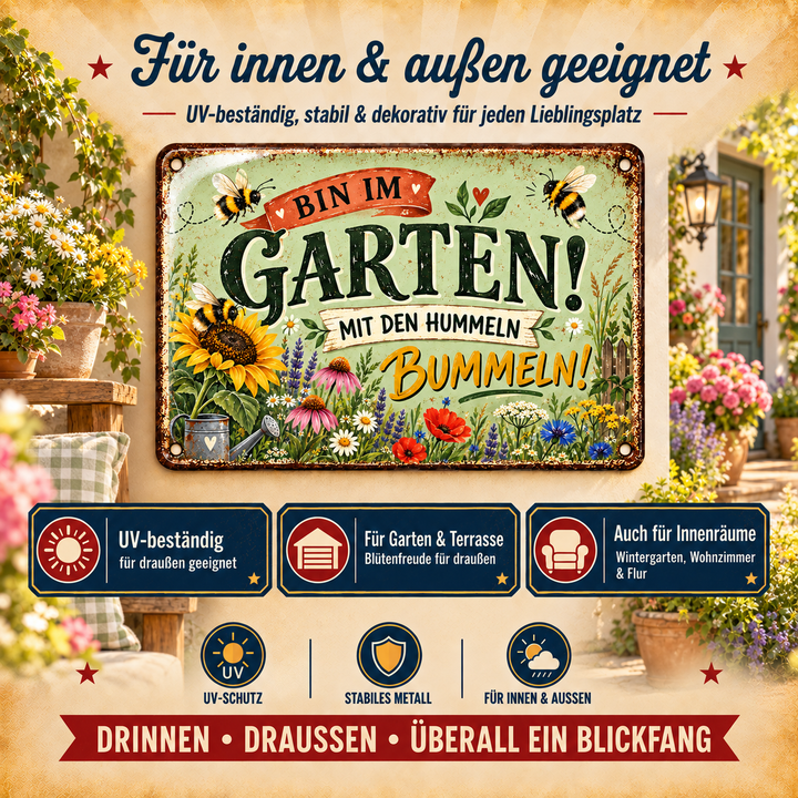Bin im Garten Metallschild – Sonnenblumen &amp; Hummeln von Leotie – Dekoration für innen und außen, 30 × 20 cm