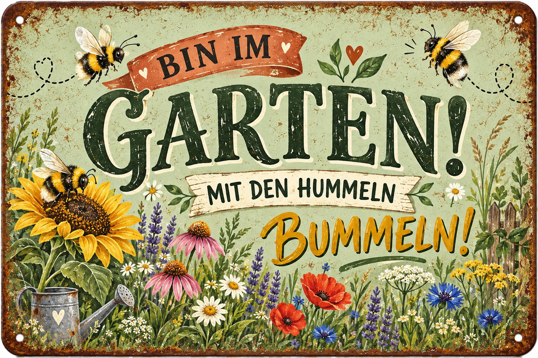Bin im Garten Metallschild – Sonnenblumen &amp; Hummeln von Leotie – Motivansicht, 30 × 20 cm