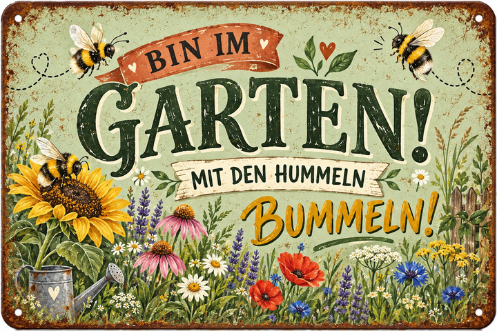 Bin im Garten Metallschild – Sonnenblumen &amp; Hummeln von Leotie – Motivansicht, 30 × 20 cm