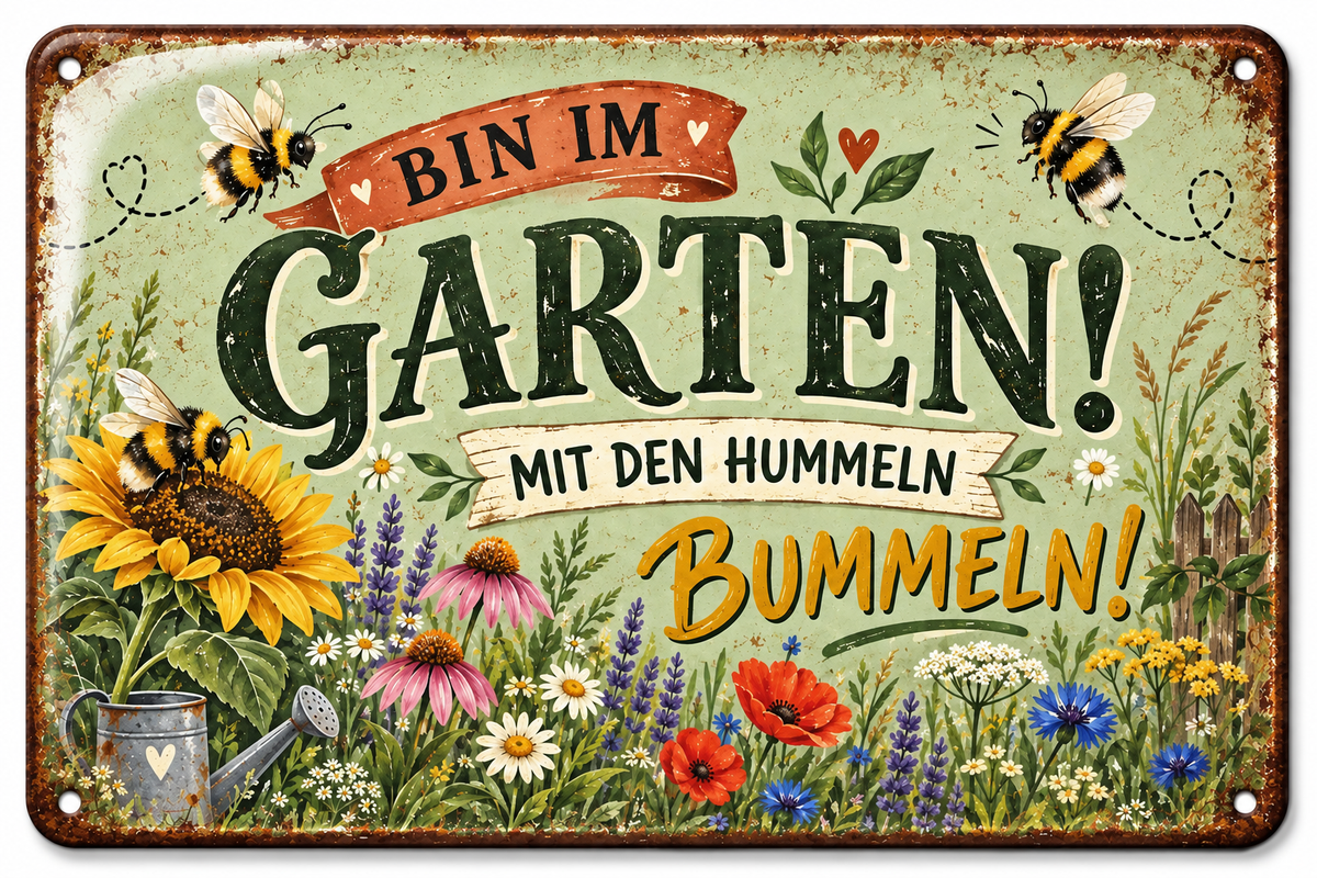 Bin im Garten Metallschild – Sonnenblumen & Hummeln von Leotie – Titelbild mit Schimmereffekt, 30 × 20 cm